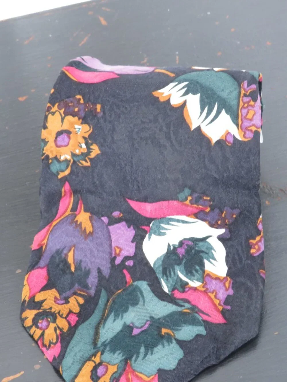 Vintage Silk Necktie 4 Inch Wide John Henry Floral Black Teal Purple Made in USA